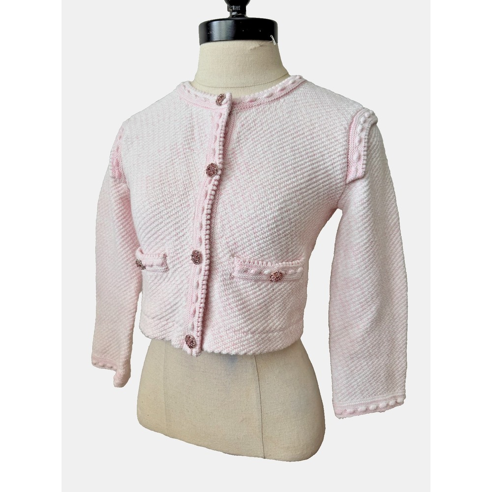 Self-portrait Pink Knit Jewel Button Cropped Cardigan Sweater Jacket US Sz 2-4 - Picture 3 of 16